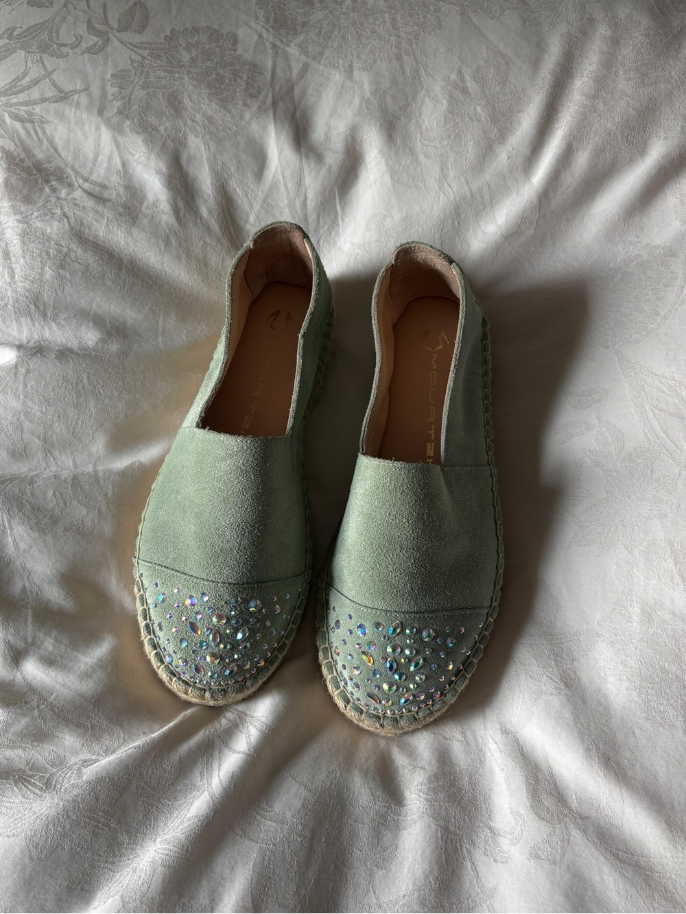 Crystal-Toe Mint Green Suede Espadrilles